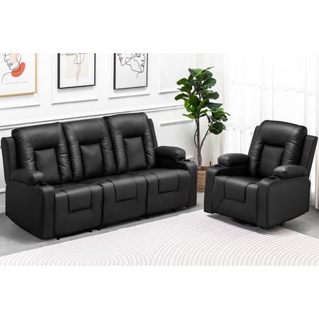 COMHOMA Recline Chair Set,Furniture Bonded Leather Recliner with massger Set Living Room Set, Sofa (Black, Living Room Set 3+1)
