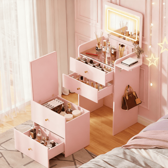 COMHOMA Small Vanity Desk with Mirror and Lights, 3 in 1 Makeup Table Set, Glass Top, Storage Stool, Pink