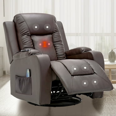 COMHOMA Swivel Rocker Recliner Chair,, 35.8" Wide PU Leather Rocking Sofa with Heated Massage, Brown