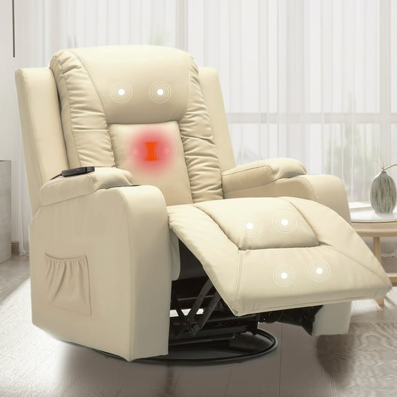 COMHOMA Swivel Rocker Recliner Chair, 35.8" Wide PU Leather Rocking Sofa with Heated Massage, Cream White