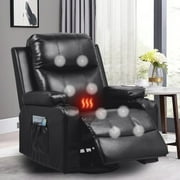 COMHOMA Swivel Rocker Recliner Chair with Heat and Massage, 31.89" Wide PU Leather Rocking Sofa Home Recliner for Living Room Home Theater Office, Black