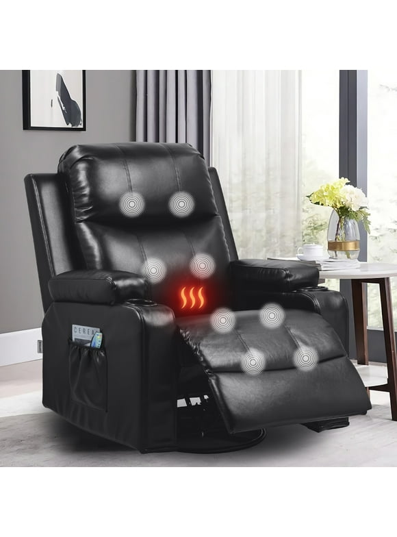 COMHOMA Swivel Rocker Recliner Chair with Heat and Massage, PU Leather Rocking Sofa Home Recliner for Living Room Home Theater Office, Black