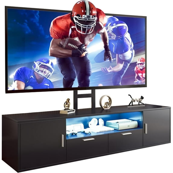 LUCKLIIFE 63“ TV Stand with Mount with 2 Drawers and LED Lighting, for TVs up to 70", Black