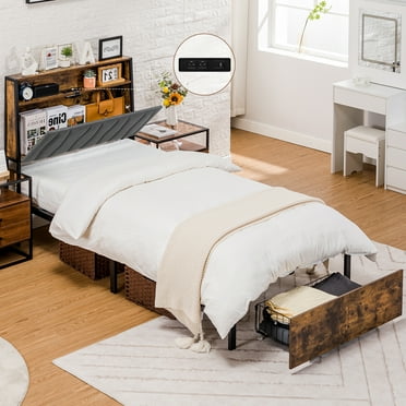 COMHOMA Twin Platform Bed with 2 Storage Drawers, Power Outlets, 2-Tier Storage Headboard and LED, Black/Brown
