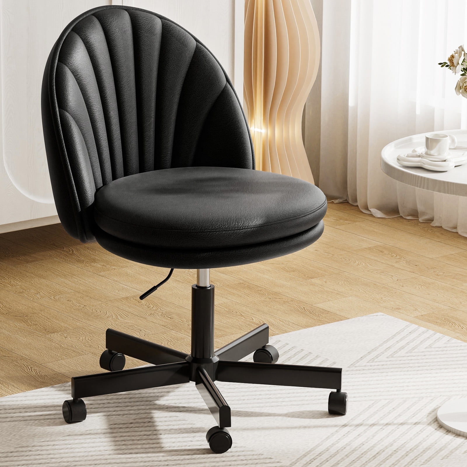 COMHOMA Vanity Chair with Back & Wheels, Adjustable Swivel PU Leather Stool for Bedroom, Home Office, Balck