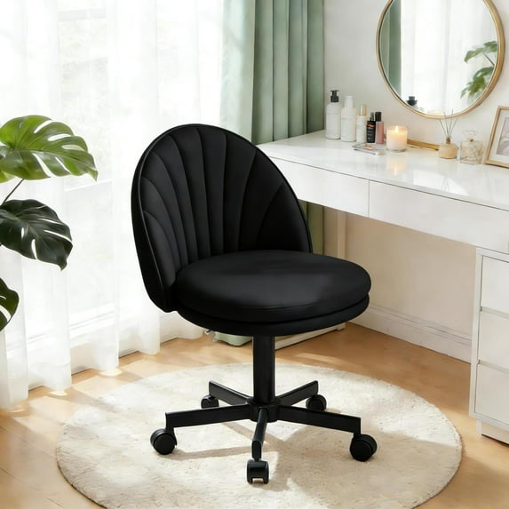 CloudRest Pro Vanity Chair with Back & Wheels, Adjustable Swivel PU Leather Stool for Bedroom, Home Office, Balck