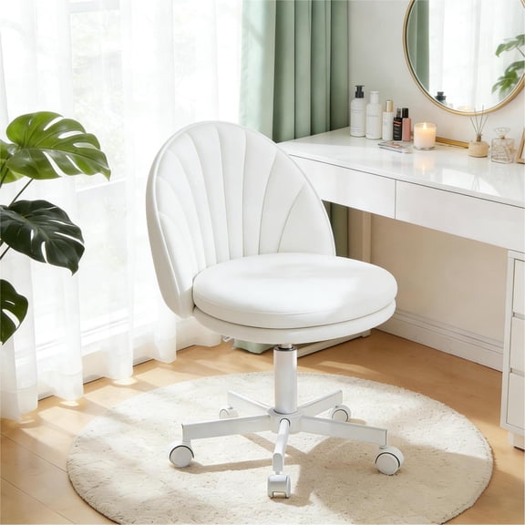 CloudRest Pro Vanity Chair with Back & Wheels, Adjustable Swivel PU Leather Stool for Bedroom, Home Office, White