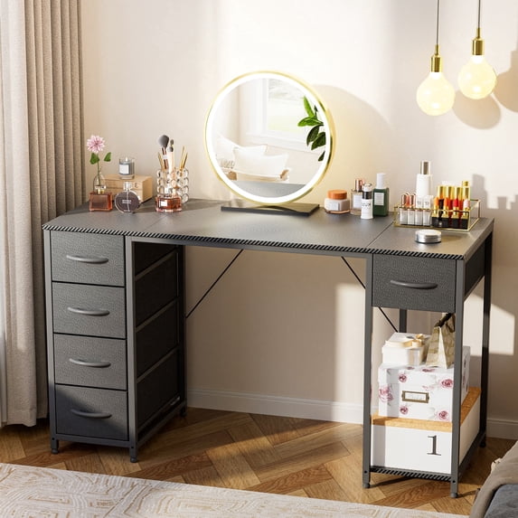 LUCKLIFE Vanity Desk with 5 Fabric Drawers & Storage Shelves, Makeup Dressing Table for Bedroom, Black (No Mirror)