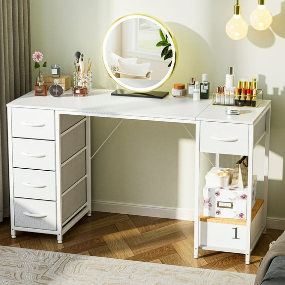 COMHOMA Vanity Desk with 5 Fabric Drawers & Storage Shelves, Makeup Dressing Table for Bedroom, White (No Mirror)