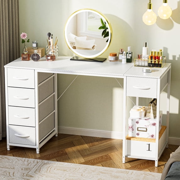 LUCKLIFE Vanity Desk with 5 Fabric Drawers & Storage Shelves, Makeup Dressing Table for Bedroom, White (No Mirror)