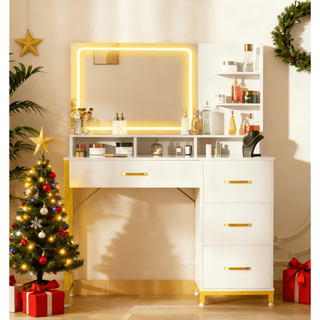 CloudRest Pro Vanity Desk with Large Mirror and Lights, Makeup Table with 4 Drawers & Storage Shelves for Bedroom, White