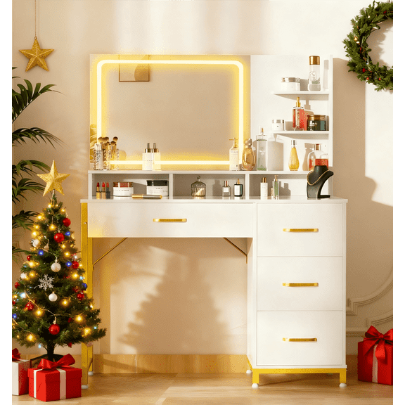 CloudRest Pro Vanity Desk with Large Mirror and Lights, Makeup Table with 4 Drawers & Storage Shelves for Bedroom, White