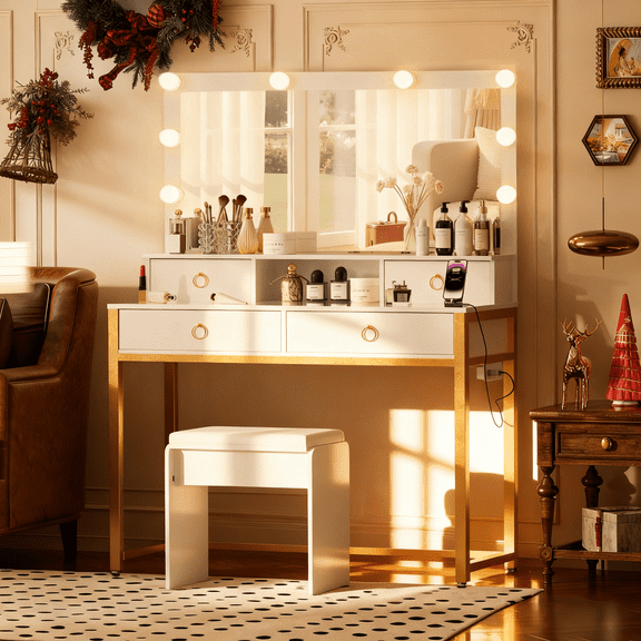 COMHOMA White Vanity Desk with Large Mirror and LED Lights, Makeup Table with 5 Drawers for Bedroom