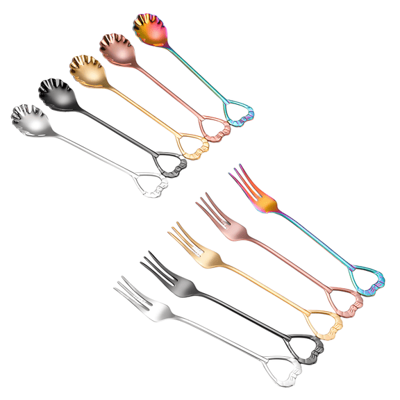 COMIART 10 - piece Creative 304 Stainless Steel Shell - shaped Spoons, Cake and Dessert Spoons, Forks, Fruit Forks, and Wedding Favor Spoon - fork Sets