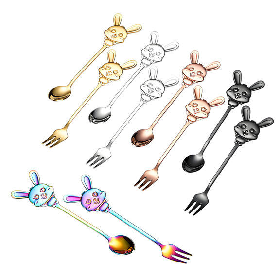 COMIART 10 - piece Creative Household Children's Spoons, Fruit Picks, Forks, Cake and Dessert Spoons and Forks, Rabbit - shaped Stainless - Steel Fruit Forks, Ins - style