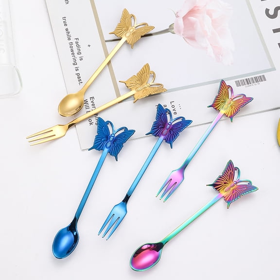 COMIART 14 - piece 304 Stainless - Steel Butterfly Creative Spoon - Fork Set: Hangable Coffee Spoons, Dessert Forks and Fruit Forks