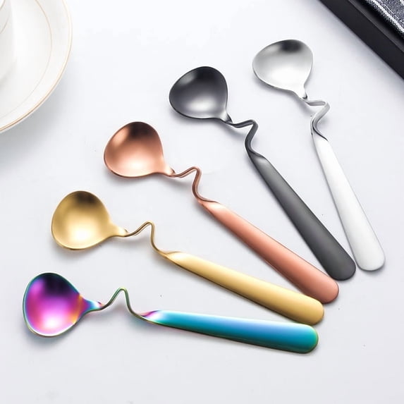 COMIART 5 - piece Set of 304 Stainless Steel Curved - handle Coffee Spoons, Cup - hanging Coffee Spoons, Wall - hanging Coffee Spoons, Irregular Twisted Spoons