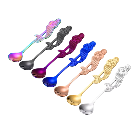 COMIART 7-Piece 304 Stainless Steel Coffee Spoon Set - Creative New Design Mermaid Long Handle Stirring Spoons for Mugs (Set of 7)