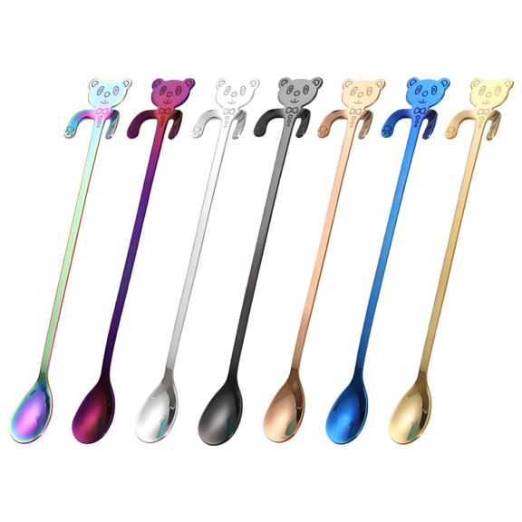 COMIART 7 - piece Set of 304 Stainless Steel Ice Spoons, Creative Colorful and Cute Panda Cartoon Stirring Spoons, Long - handle Hanging Mugs Panda Spoons
