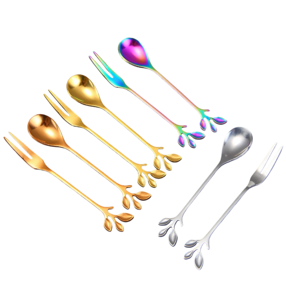 COMIART 8 - piece Stainless Steel Tableware Set: Creative Titanium - plated Leaf - shaped Spoons, Forks, Mixing Spoons, Coffee Spoons, Cake and Dessert Spoons, and Fruit Forks