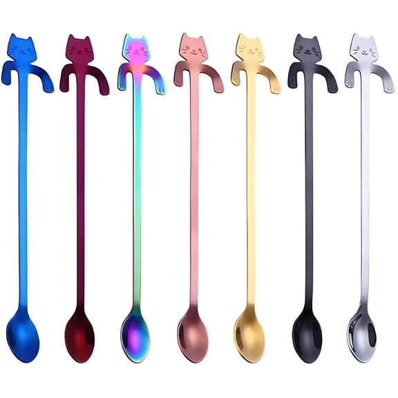 COMIART Set of 7 Cute Cat Design Long Handle Ice Tea Spoons - Stainless Steel Hanging Mixing Stirring Spoons, 7.8 Inch Coffee Teaspoons and Scoops for Mug