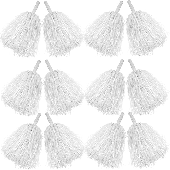 ABCISI 12 PCS Cheerleading Pom Poms Cheer Pom Poms Fun Pom Poms Cheerleading Poms with Plastic Handles for Cheering Squad Team Spirited Sports Dance Kids Girls (Soft Plastic- White)