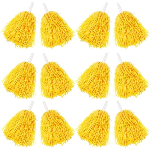 ABCISI 12 PCS Pom Poms Cheerleading Sports Spirited Plastic Cheer Pompoms with Handles for Kids Adults Team Party Dance Cheering (Soft Plastic- Yellow)