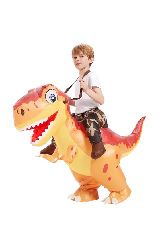 COMIN 36 inch Inflatable Dinosaur Costume Kids, Ride on Dinosaur Blow Up Dino Costume Orange Funny Fancy Dress for Halloween Party