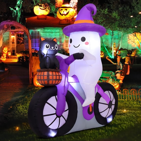 COMIN 5 FT Halloween Inflatables Ghost Cycling with Cat Outdoor Decorations Blow Up Yard with Built-in LEDs for Indoor Party Garden Lawn Decor