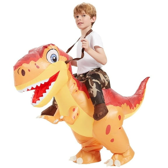 COMIN 55 inch Inflatable Dinosaur Costume Kids, Ride on Dinosaur Blow Up Dino Costume Orange Funny Fancy Dress for Halloween Party
