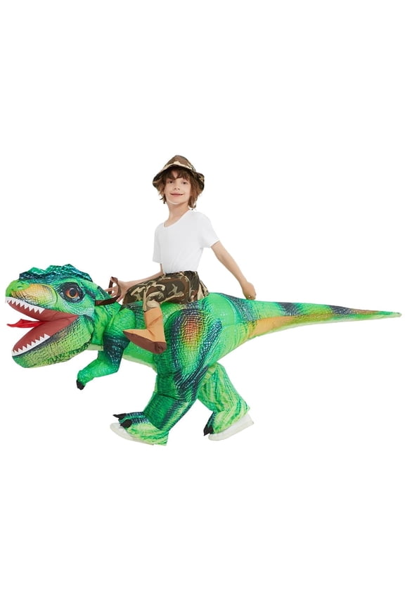 COMIN 55 inch Inflatable Green Dinosaur Costume Kids, T Rex Dinosaur Blow Up Ride on Dino Costume Orange Funny for Halloween Party