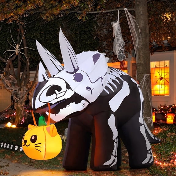 COMIN 6.5 FT Long Halloween Inflatables Dinosaur Outdoor Decorations Blow Up Yard Scary Skeleton Triceratops with Built-in LEDs for Indoor Party Garden Lawn Decor