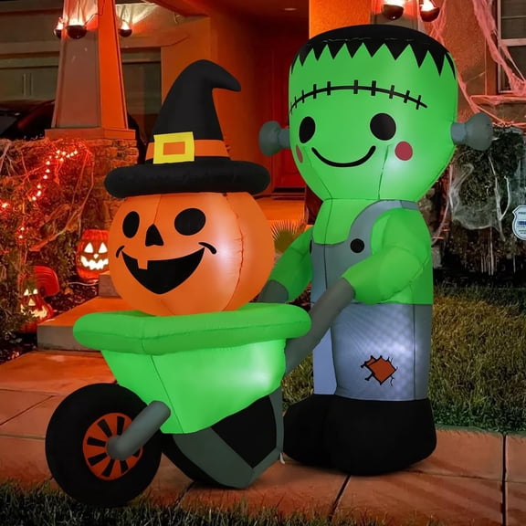 COMIN 6 FT Halloween Inflatables Outdoor Decorations Frankenstein with Pumpkin Cart - Spooky Outdoor Decor,Blow Up with Built-in LED Lights for Halloween Party Indoor Yard Lawn Garden Patio Decor