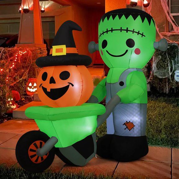 COMIN 6 FT Halloween Inflatables Outdoor Decorations Frankenstein with Pumpkin Cart - Spooky Outdoor Decor,Blow Up with Built-in LED Lights for Halloween Party Indoor Yard Lawn Garden Patio Decor