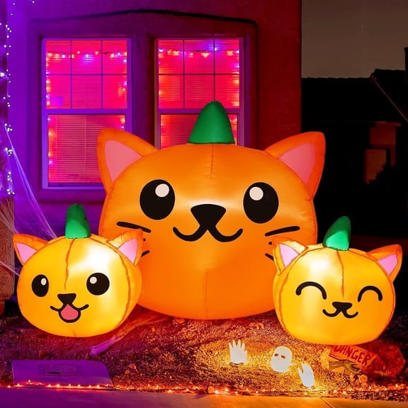 COMIN Halloween Inflatable 5 FT Long Three Pumpkin Cat Head Combo with Built-in LEDs, Blow Up Yard Decoration for Holiday Party Indoor, Outdoor, Yard, Garden, Lawn