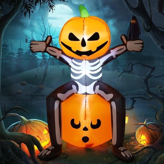 COMIN Halloween Inflatable 5 FT Skull Skeleton Pumpkin Head with Built-in LEDs Blow Up Yard Decoration for Holiday Party Indoor, Outdoor, Yard, Garden, Lawn