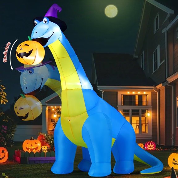 COMIN Halloween Inflatables 10 FT Tall Dinosaurs Eating Pumpkin with Shake Head Blow Up Yard Decoration with Built-in LED for Yard Garden Party Lawn