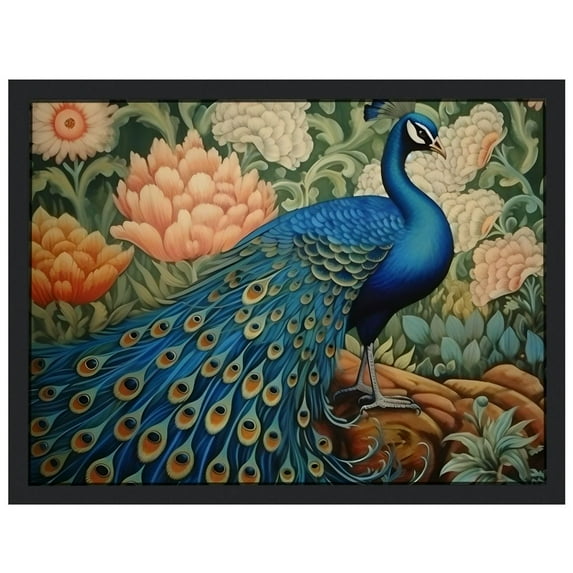 COMIO 16x12in / 20x16in Peacock Bird Floral Euro Sham Asian Animal Decorative Painting with Black Frame for Home Office 16x12in