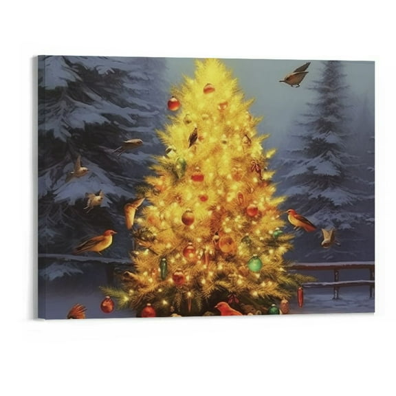 COMIO - 16x20 Inch Christmas LED Lighted Canvas Wall Art Prints Light Up Tree Forest Picture White Winter Snow Scene for Holiday Decor