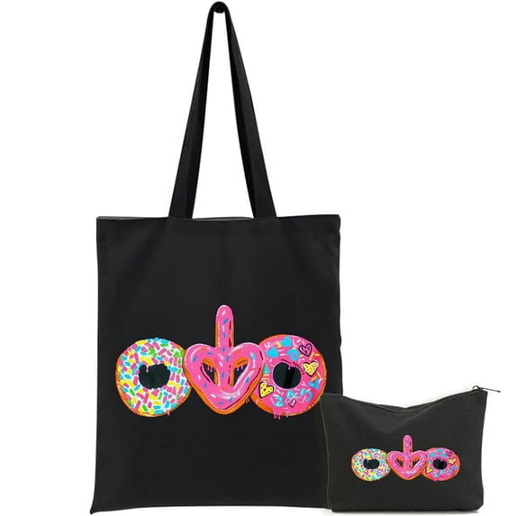 COMIO 2 Pcs Canvas Tote Bags Cute Aesthetic Tote Bags with Zipper Funny Doughnut Donut Lover - Peace Love Donuts Canvas Tote Bag for Women Ibee Black