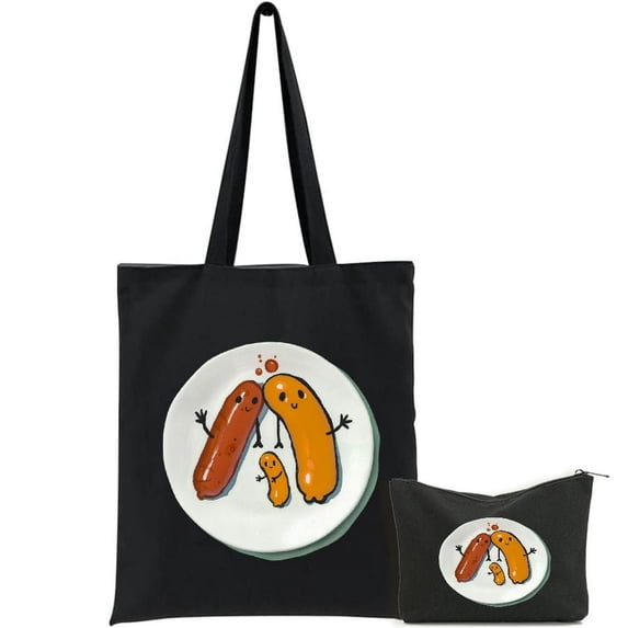 COMIO 2 Pcs Canvas Tote Bags Cute Aesthetic Tote Bags with Zipper Large Tote Top Handle Shoulder Bags Gudetama the Lazy Egg #mood Boxing Punching Hot Dog Black