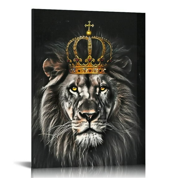 COMIO 2 Pieces Set Lion and Lioness Canvas Wall Art Black and White Lion with Gold Crown King Animal Picture Artwork for Bedroom Home Decor Ready to Hang