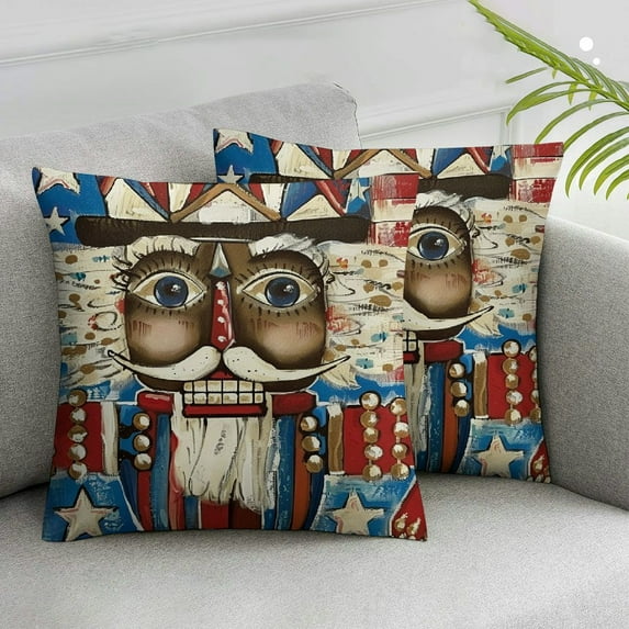 YANMS 4th of July Nutcracker Patriotic Decorative Throw Pillow Covers Set of 2, Blue Red Porch Outdoor Home Decor, USA Sweet Fireworks Couch Cushion Case White