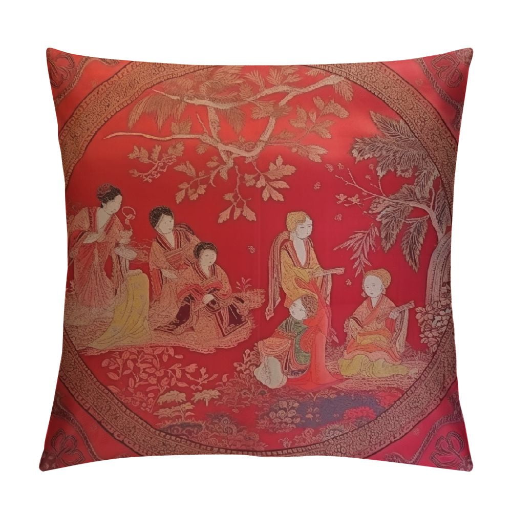 COMIO A Pair of Courtyard Scene Pillowcases, Red Oriental Chinese Style