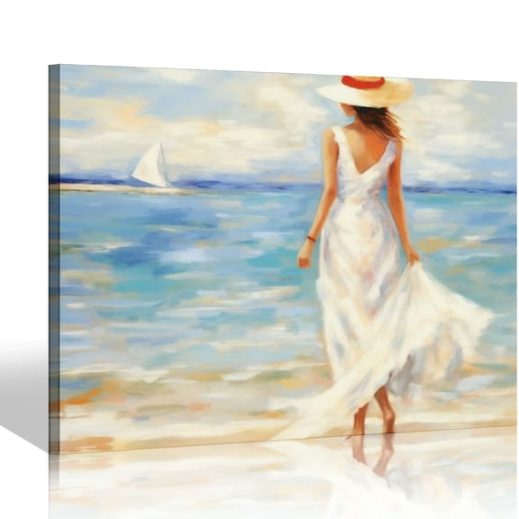 COMIO Abstract Beach Picture Wall Art: Girl & Ocean Artwork Seascape Painting on Canvas for Bathroom (16” x 12”)