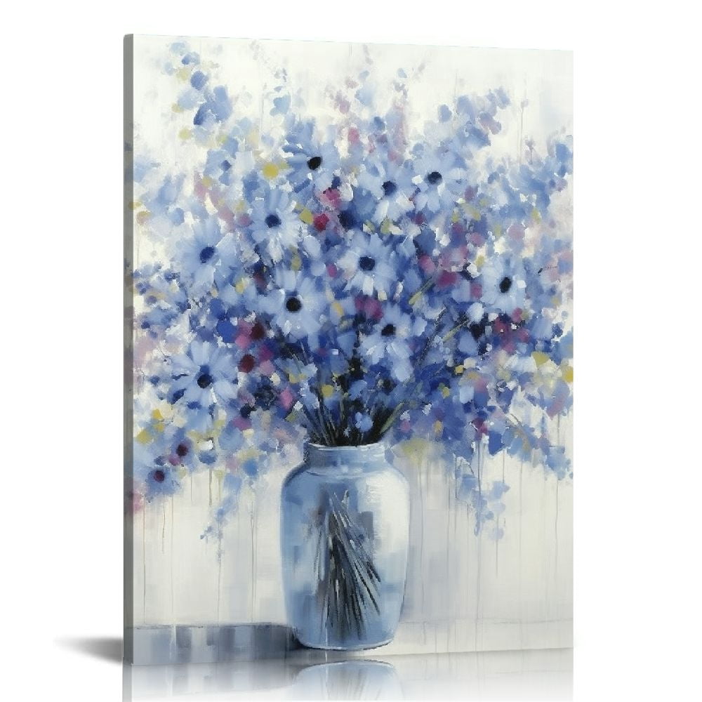 COMIO Abstract Bouquet Canvas Wall Art: Blue Flowers in Vase Artwork ...