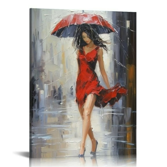 COMIO Abstract Canvas Print Rain Modern Wall Art Painting Girl Umbrella with Red Dress Walking in Street Figure Artwork