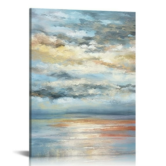 COMIO Abstract Canvas Wall Art for Bedroom Ocean Painting Coastal Theme Artwork Blue and Gold Sunset & Sunrise on the Beach Seascape Picture for Bathroom Living Room