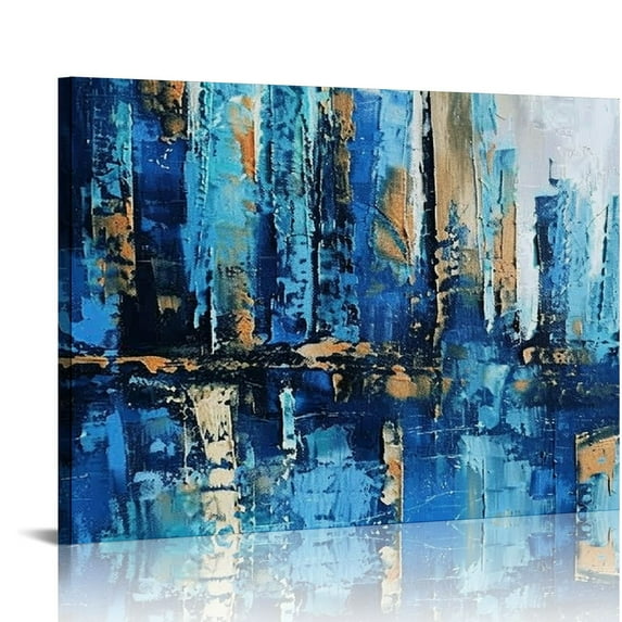 COMIO Abstract Cityscape Canvas Wall Art - Framed Navy Blue City Skyline Painting Prints with Gold Foil for Modern Living Room, Bedroom Decor