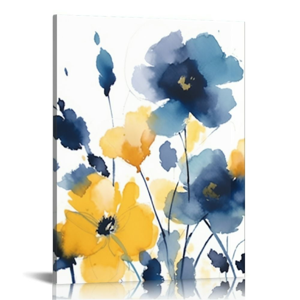 COMIO Abstract Flower Canvas Wall Art Blue and Yellow Floral Picture ...